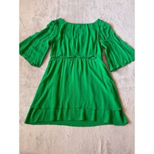 Alice + Olivia Size S Green Silk Dress Bell Sleeve‎ Tiered Mini Dress